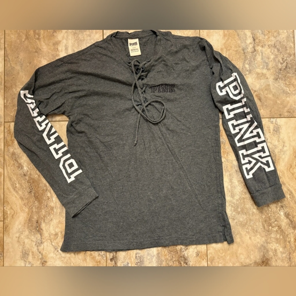 PINK Victoria's Secret Long Sleeve Lace-Up Gray Tee Size Sml